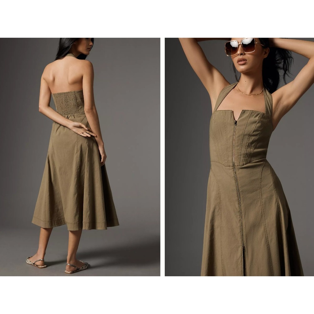 Anthropologie Zip-Front Corset Midi Dress Womens XS Smocked Back Halter Olive